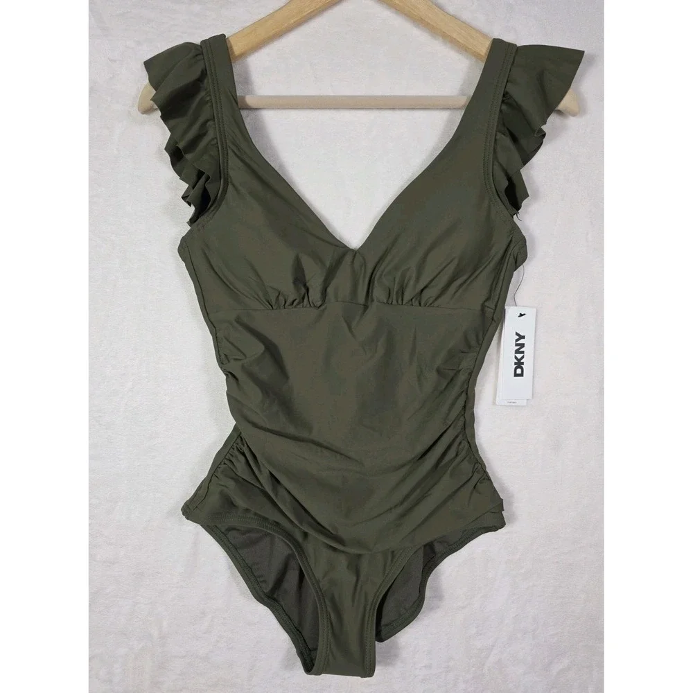 DKNY One Piece Swimsuit Women's Size S Olive Green Ruffle Tummy Control NWT $79 - Picture 2 of 10